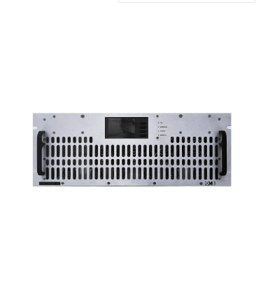A professional audio or DJ equipment rack with vented panels and a digital display
