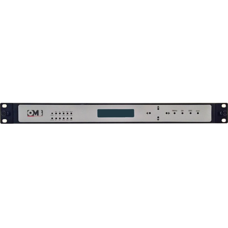 A professional audio or video rack-mounted control device with buttons, a display, and indicator lights.