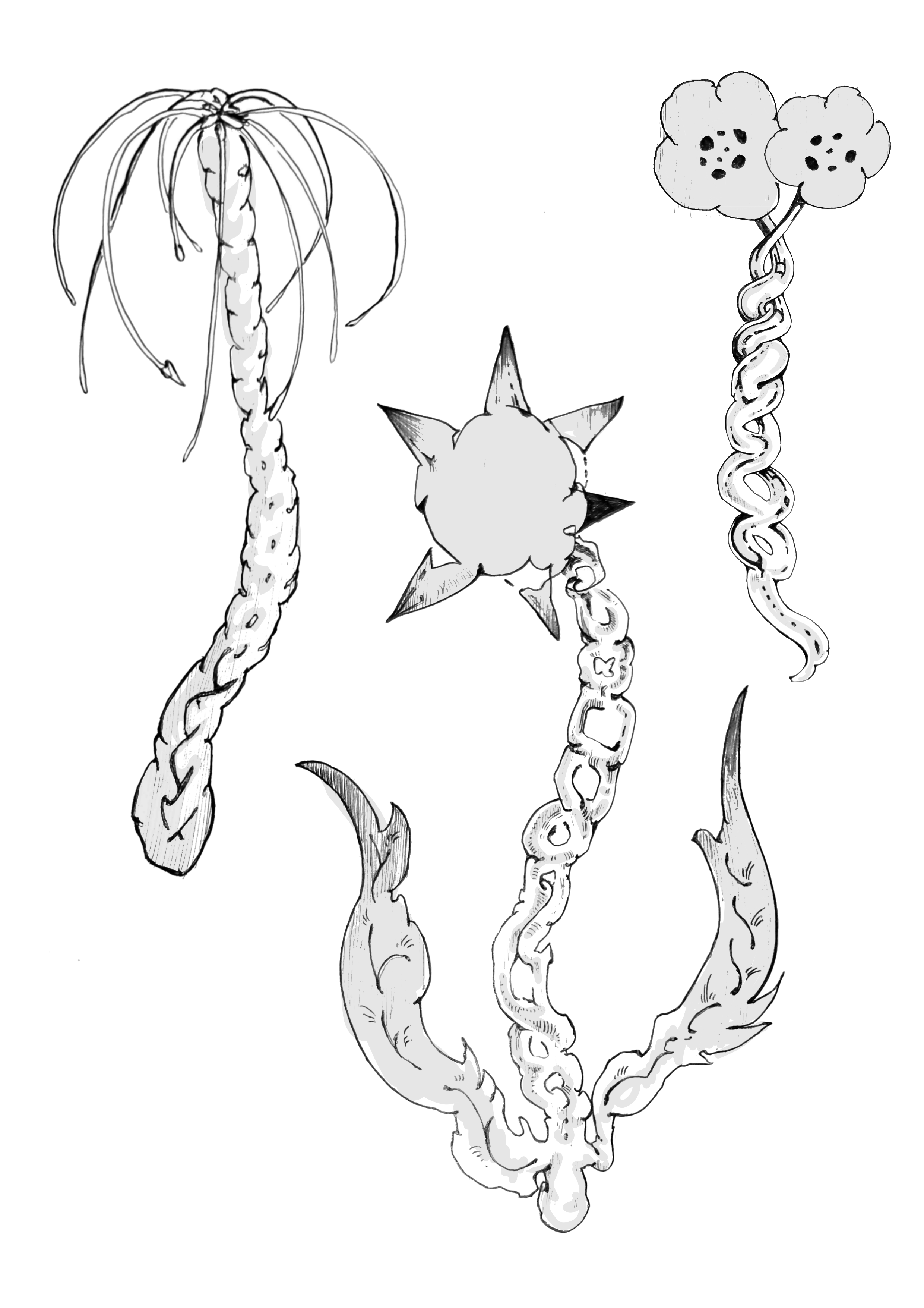 Black and white drawing of a plant with twisted and curved stems with some pointed leaves at the bottom, and two flower-like structures at the top with rounded petals and central spots.
