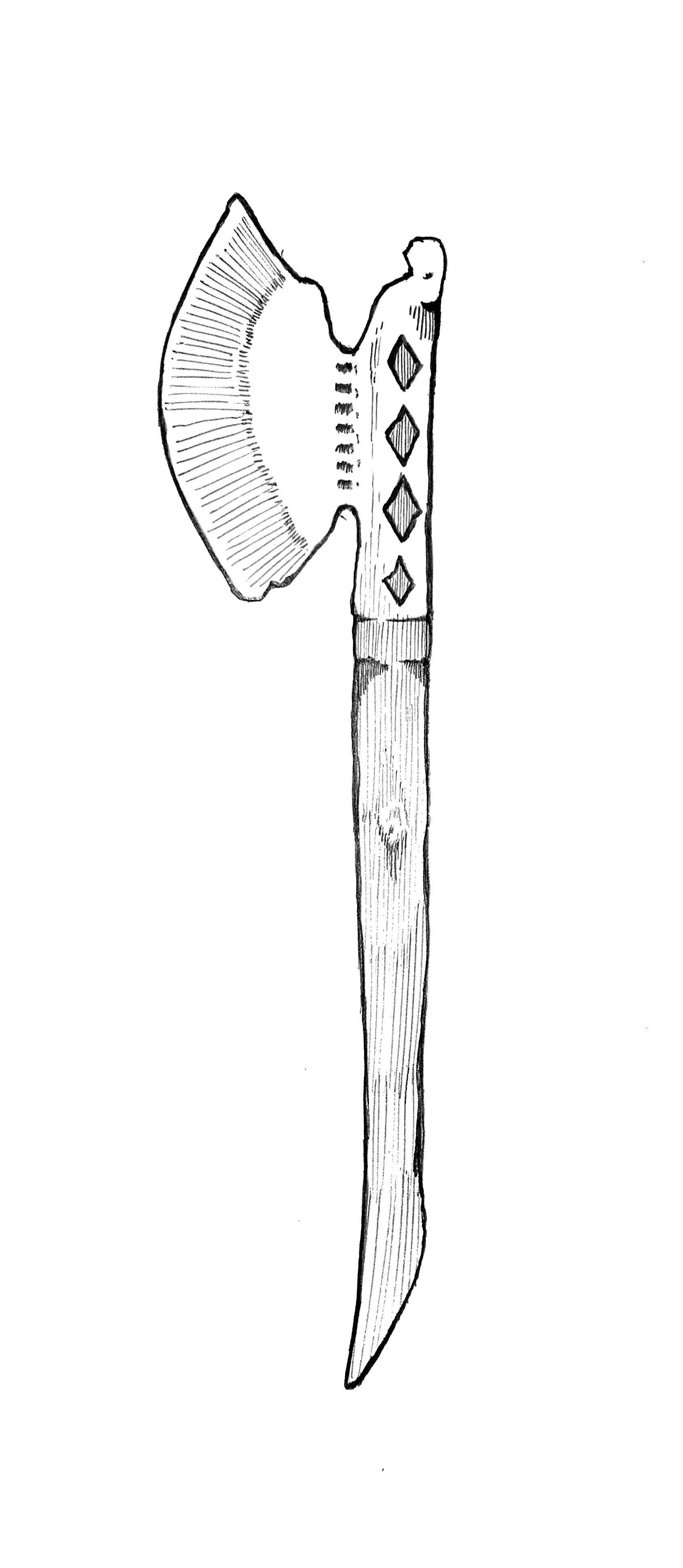 Black and white sketch of an axe with a curved blade and a long handle.