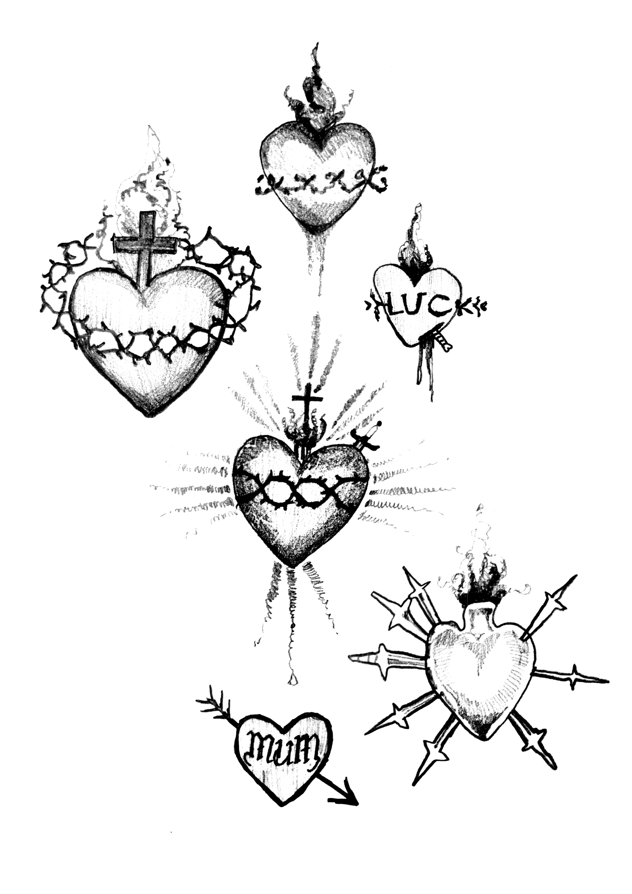 Black and white illustration of multiple hearts and crosses, some with words like 'mum' and 'luck', connected with arrows and surrounded by flames and barbed wire.