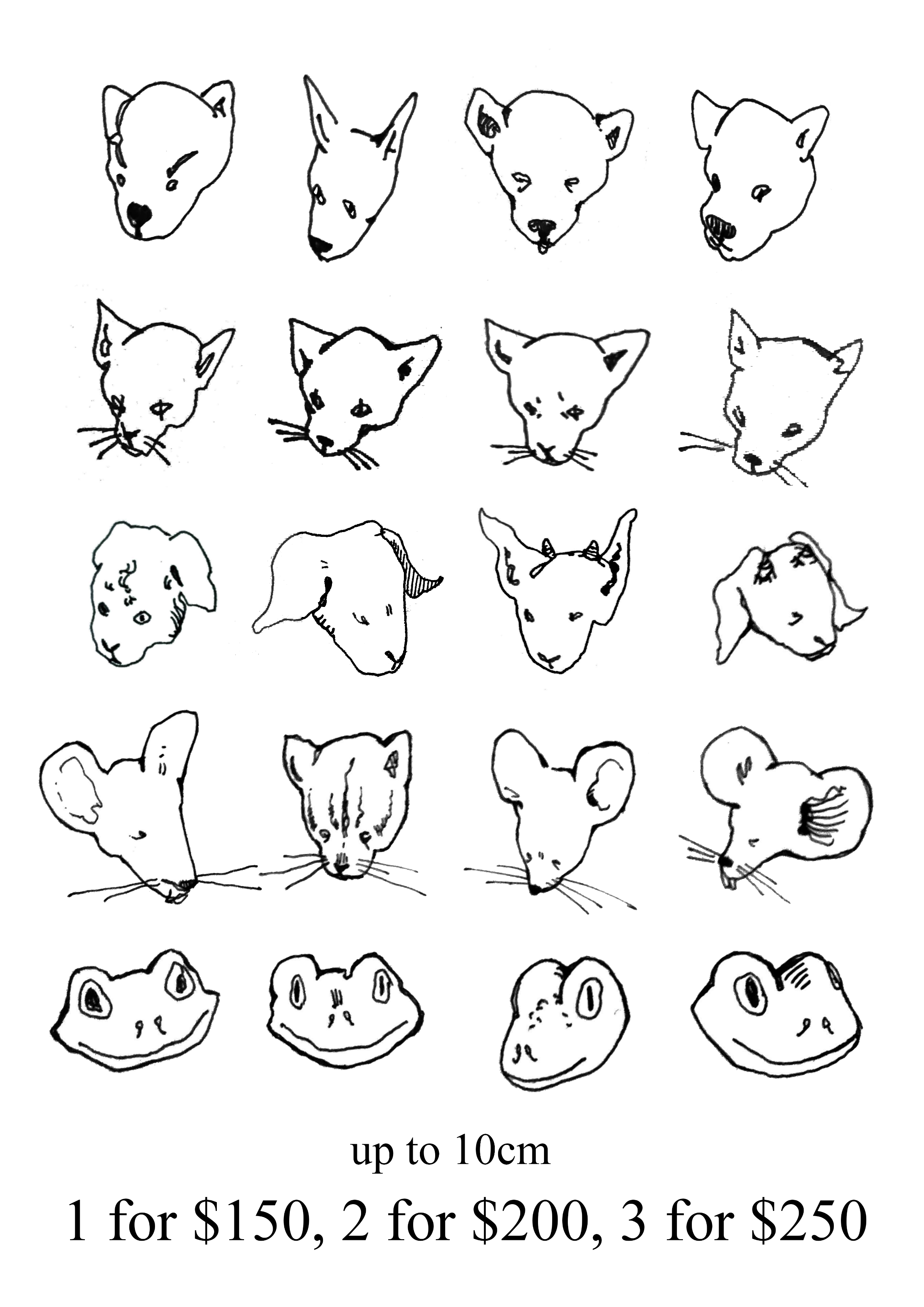 Line drawing of various animals' heads and faces, including a dog, cat, mouse, frog, and other creatures, with text indicating size of up to 10 cm and price options for purchasing in quantities.