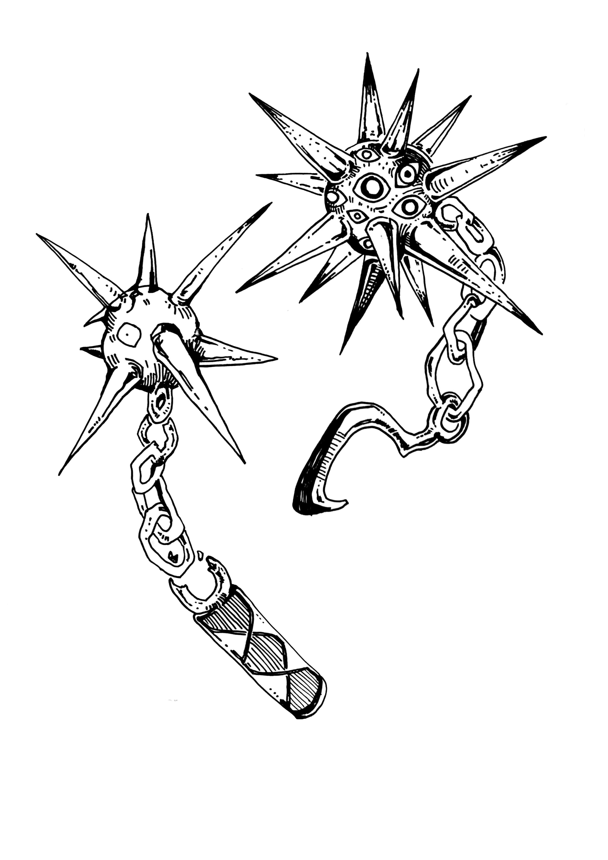 Black and white drawing of a chain with spiked, eye-covered spherical objects attached, resembling supernatural or fantasy-themed weapons.