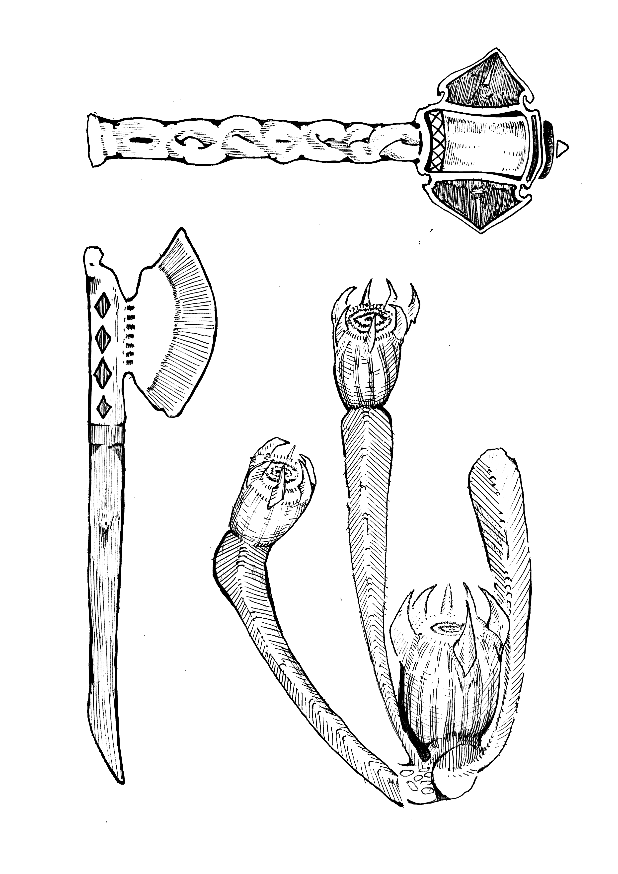 Black and white drawing of a Native American chief's headdress and a tomahawk.
