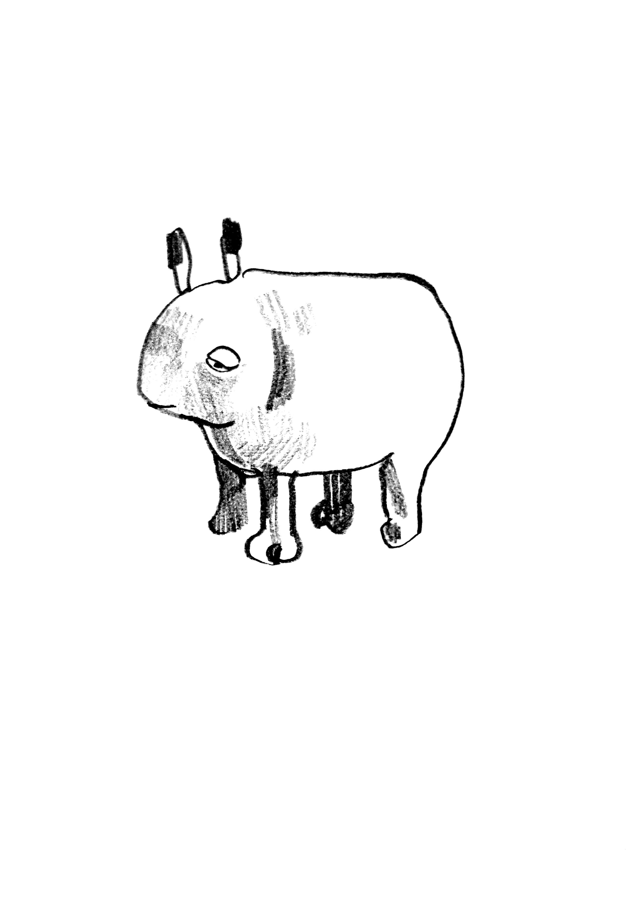 Black and white sketch of a cow with its head lowered, featuring two horns, a large eye, and striped legs.