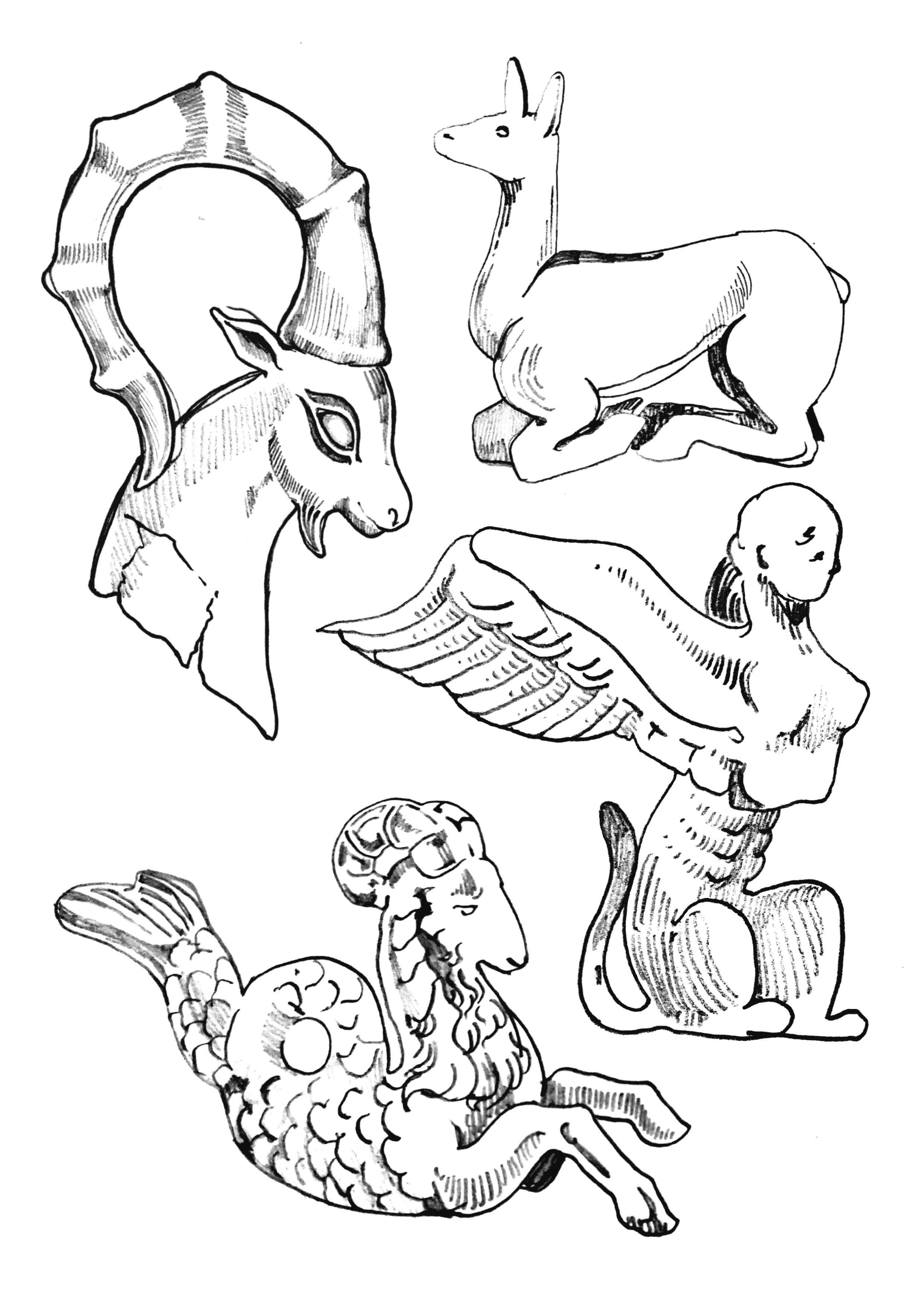 Black and white sketch of various mythological and fantasy creature sketches, including a unicorn, a creature with a lion's head and goat's body, a winged lion, a human with winged arms, a head of a creature, and other fantasy beings.