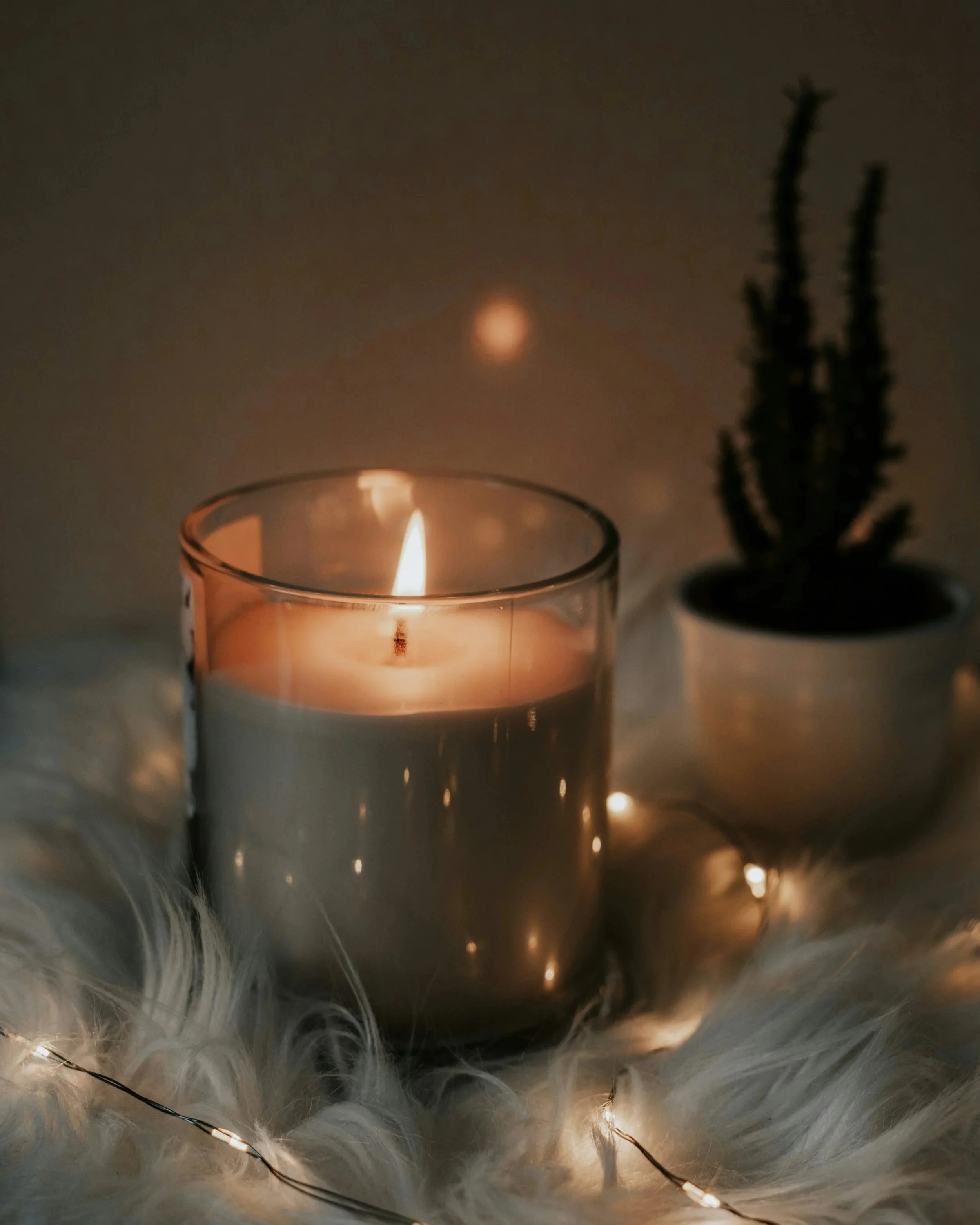 Frosted white feathers, a lit candle in a glass holder, and blurred warm fairy lights in the background creating a cozy atmosphere.