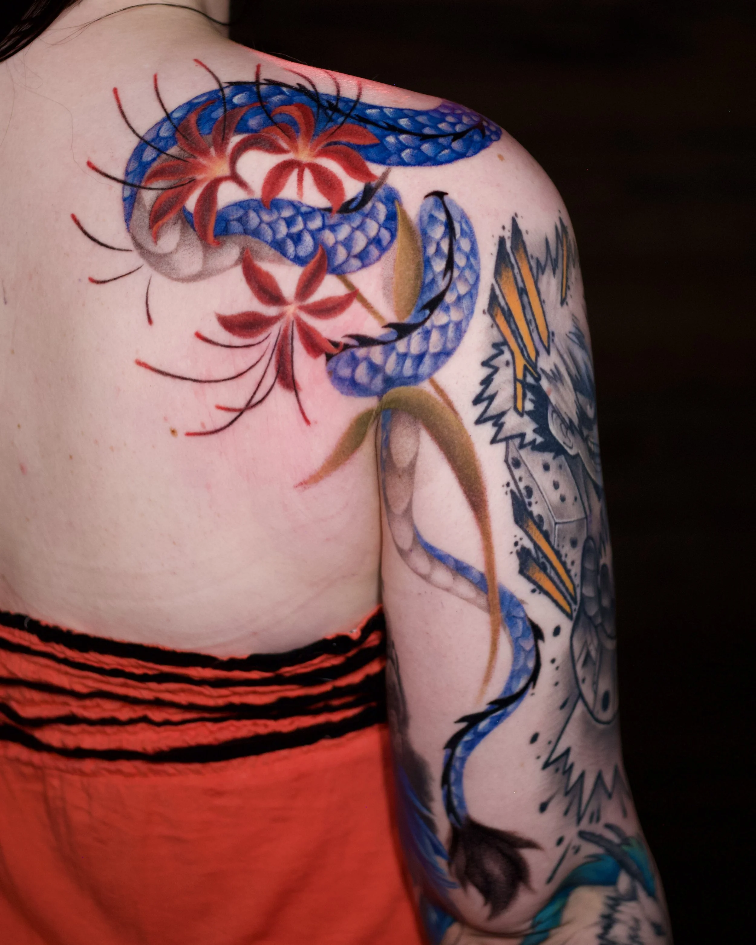 Illustrative blue dragon & spider lilies