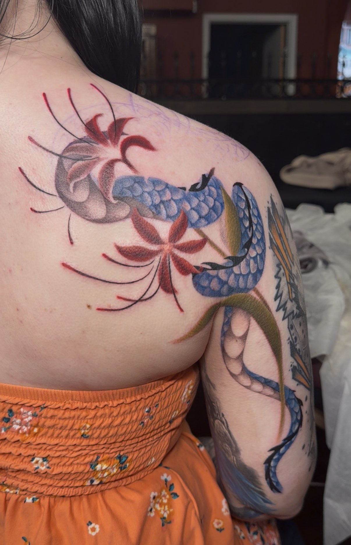 Work in progress, illustrative dragon with spider lilies