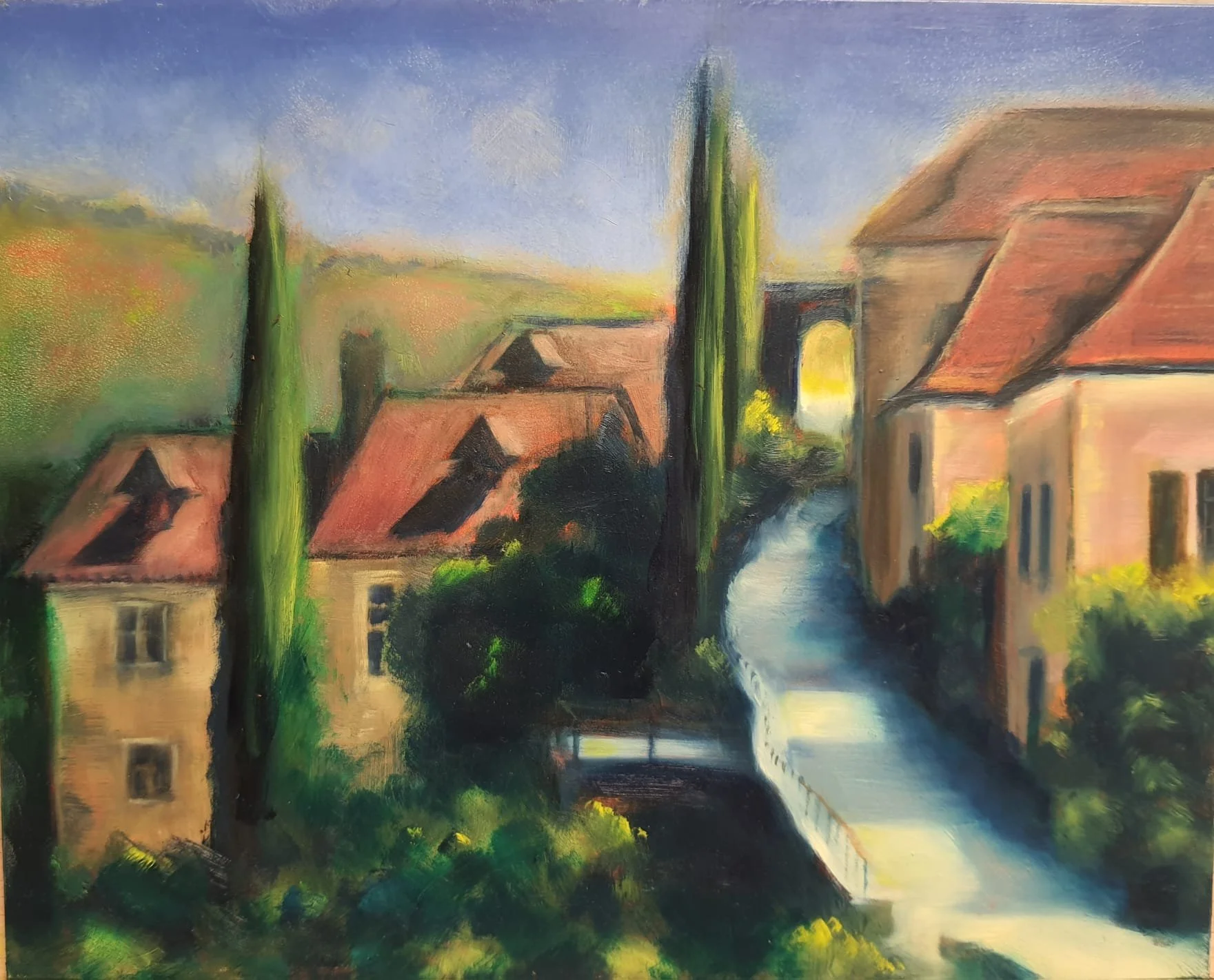 Saint-Cirq-Lapopie, France, oil on linen board