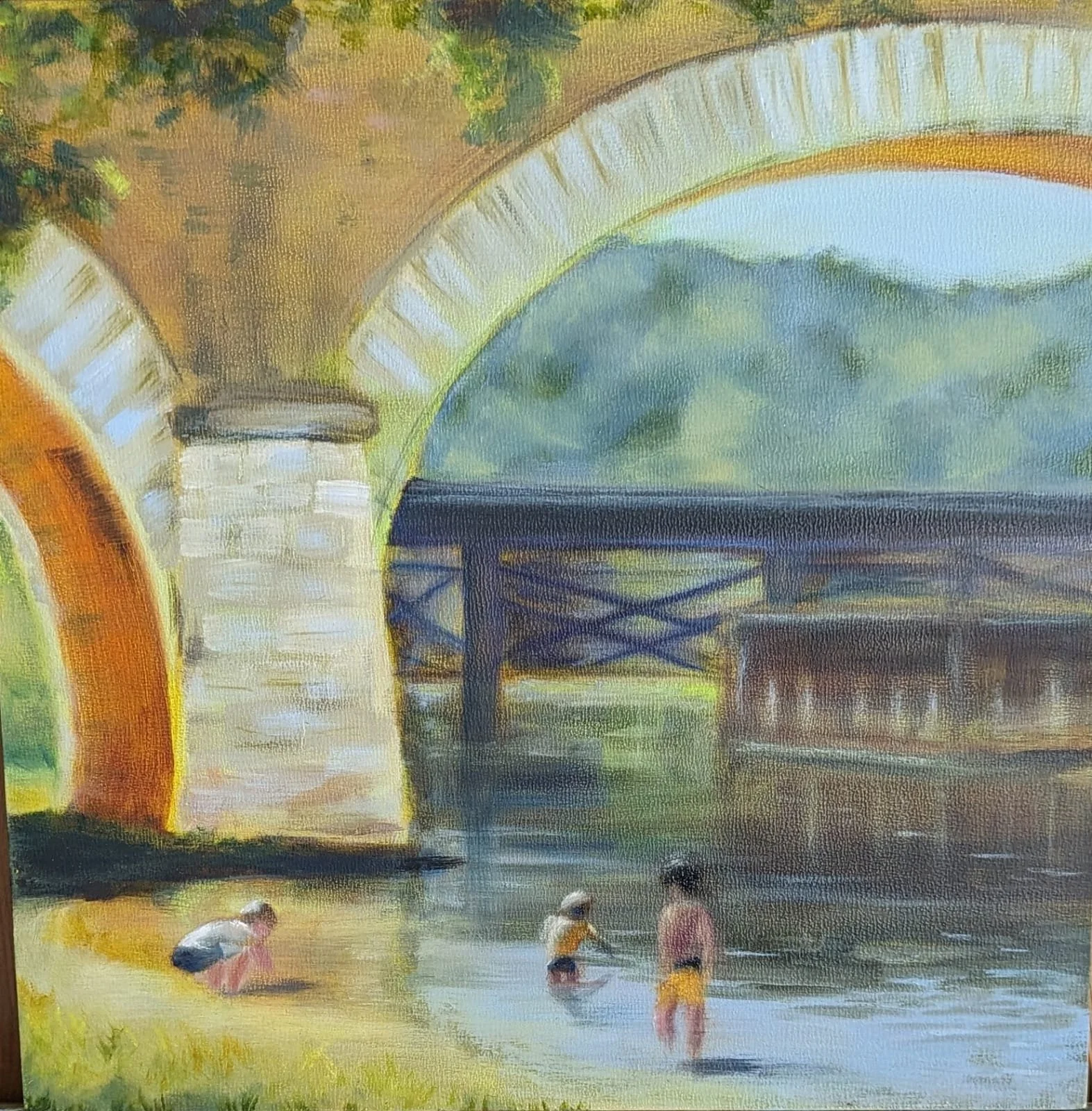 Bridge at Rocamadour, France, oil on linen board