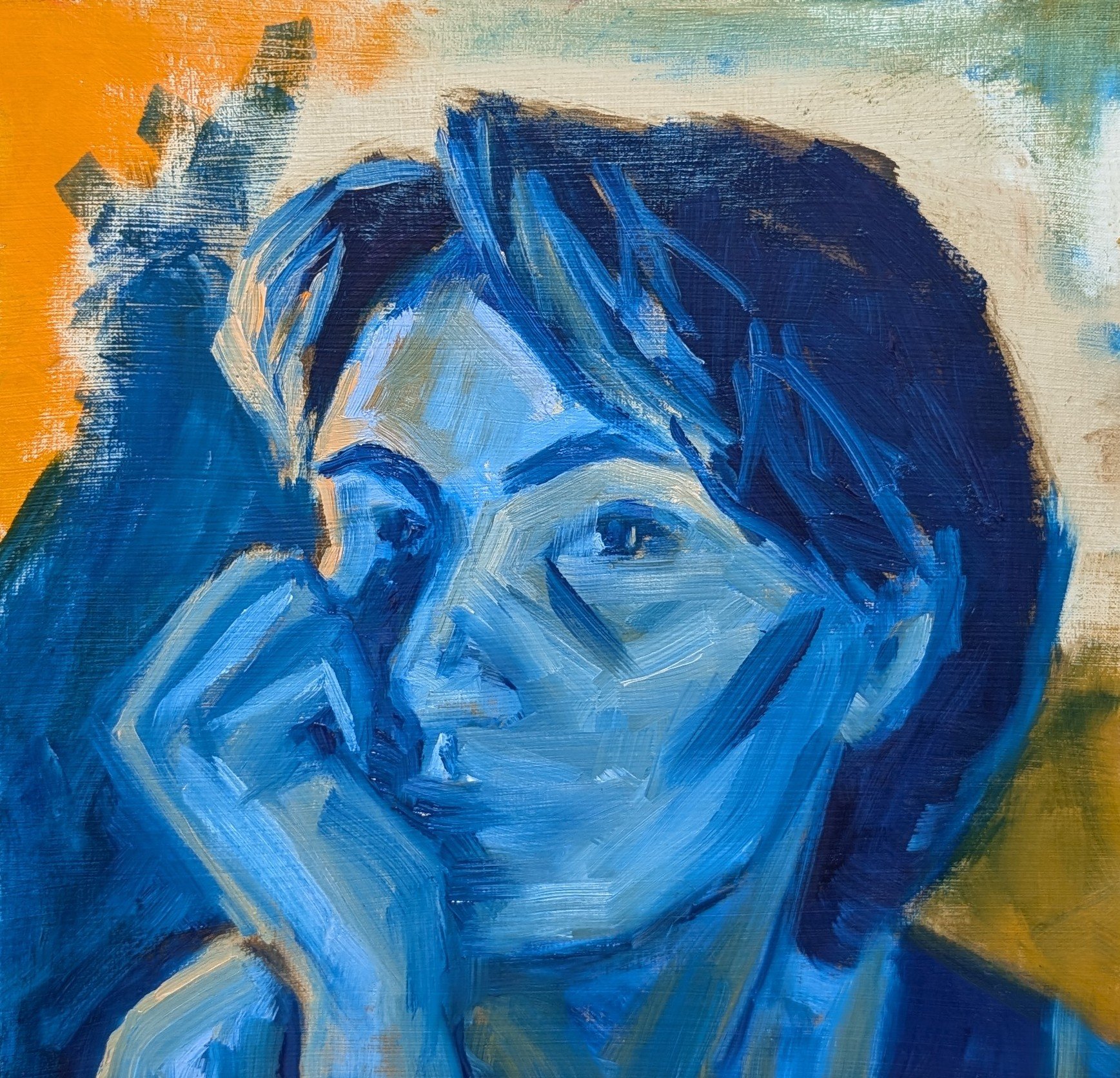 Self-portrait in blue, oil on board