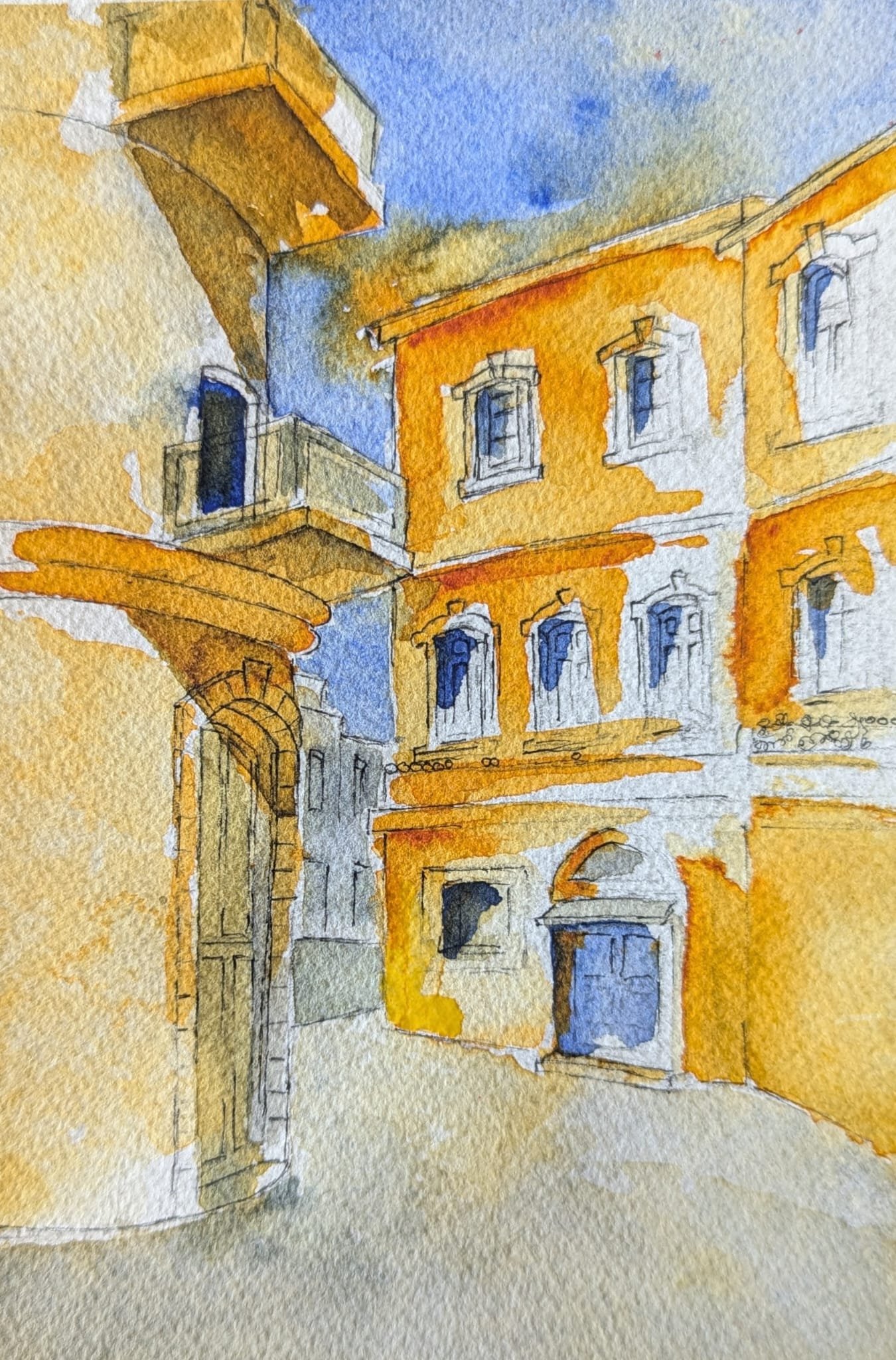 Market House Hotel, Jaffa, Israel, ink and watercolor on cold pressed paper