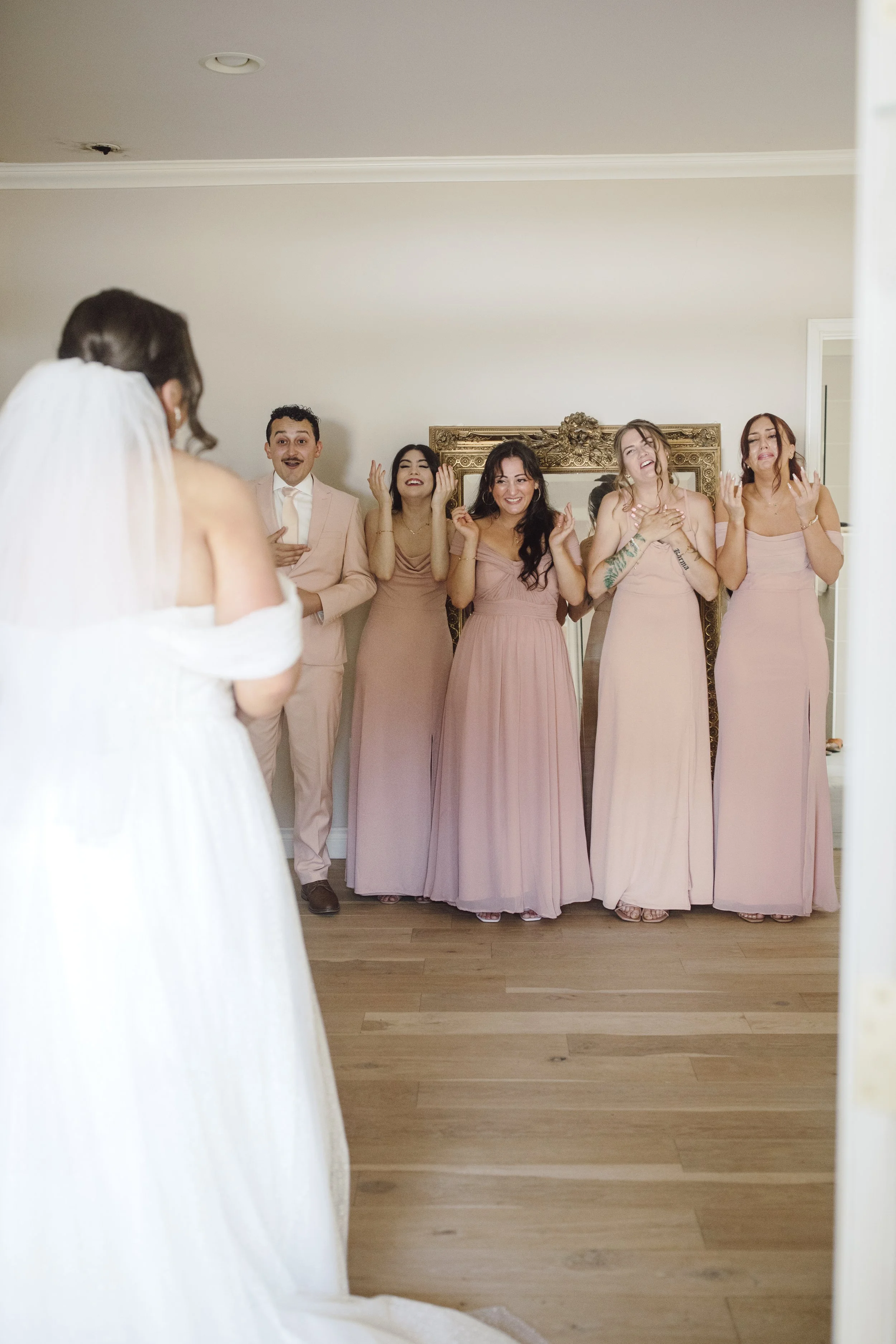A wedding party appears to be watching the bride as she prepares for her wedding. The bride is wearing a white wedding dress and veil, and the bridesmaids and groomsmen are wearing matching light pink dresses and suits.