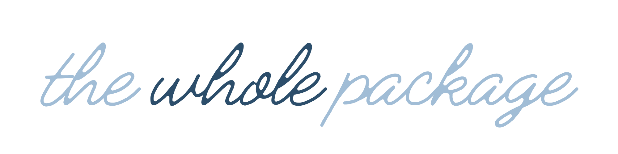 Text saying 'the whole package' in cursive blue font.