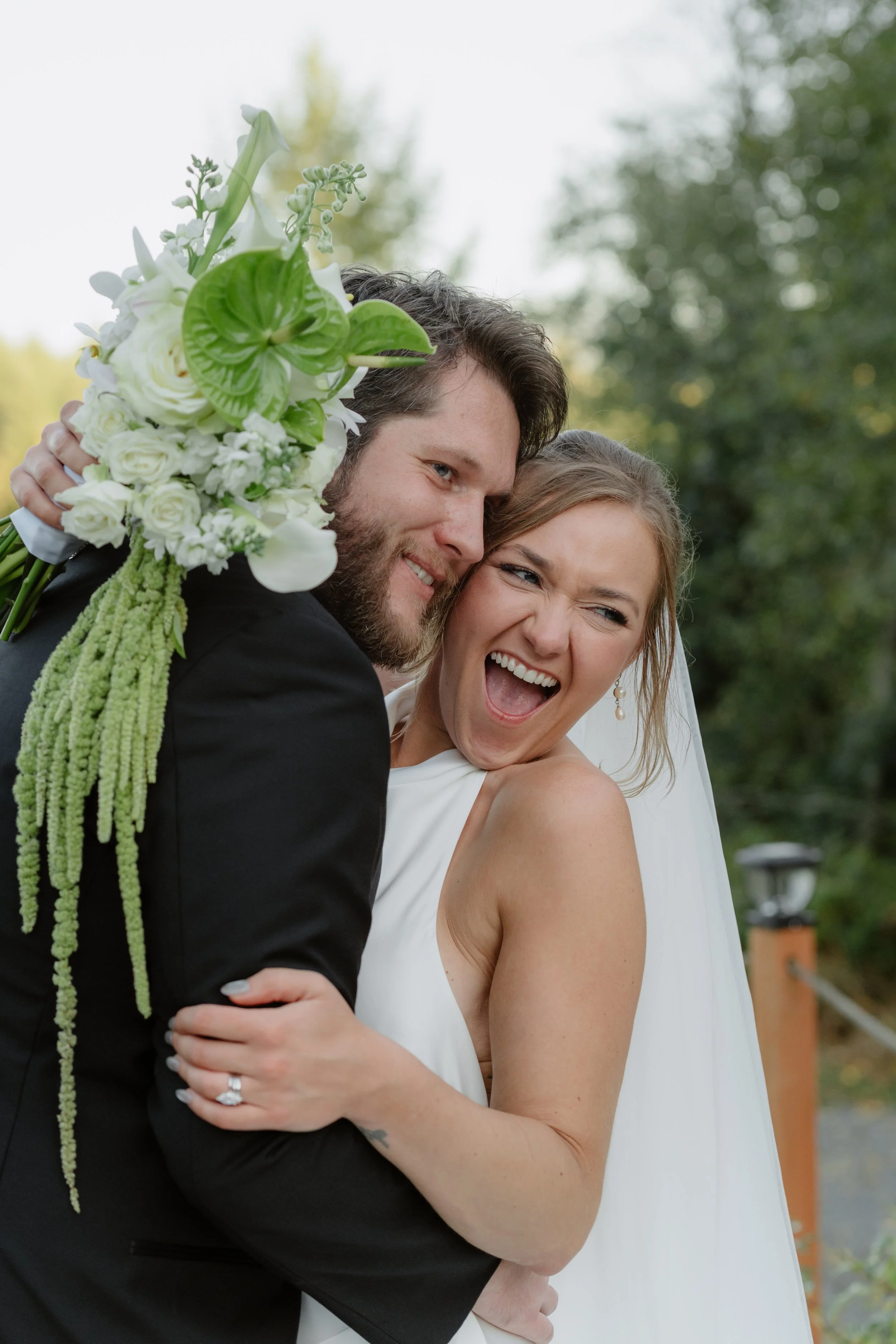 modern wedding, anthurium orchid hydrangea bridal bouquet