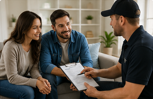 Nexxtier Solutions consultant meeting with homeowners to discuss mold inspection results, indoor air quality testing, moisture concerns, and home assessment services in Washington DC and Maryland.
