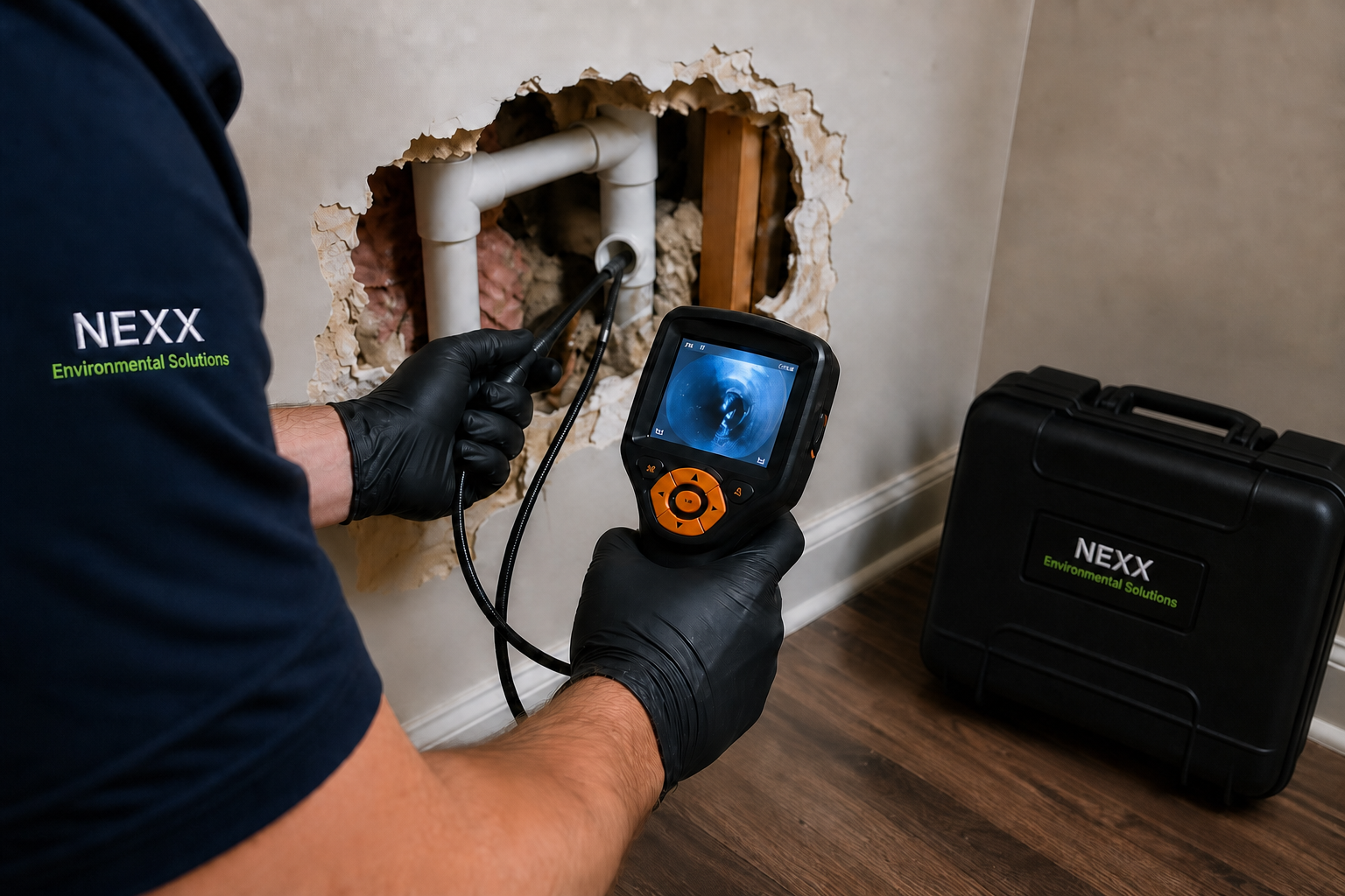 NEXX Environmental Solutions inspector using a borescope to examine a concealed wall cavity for hidden moisture and possible mold in Washington, DC.