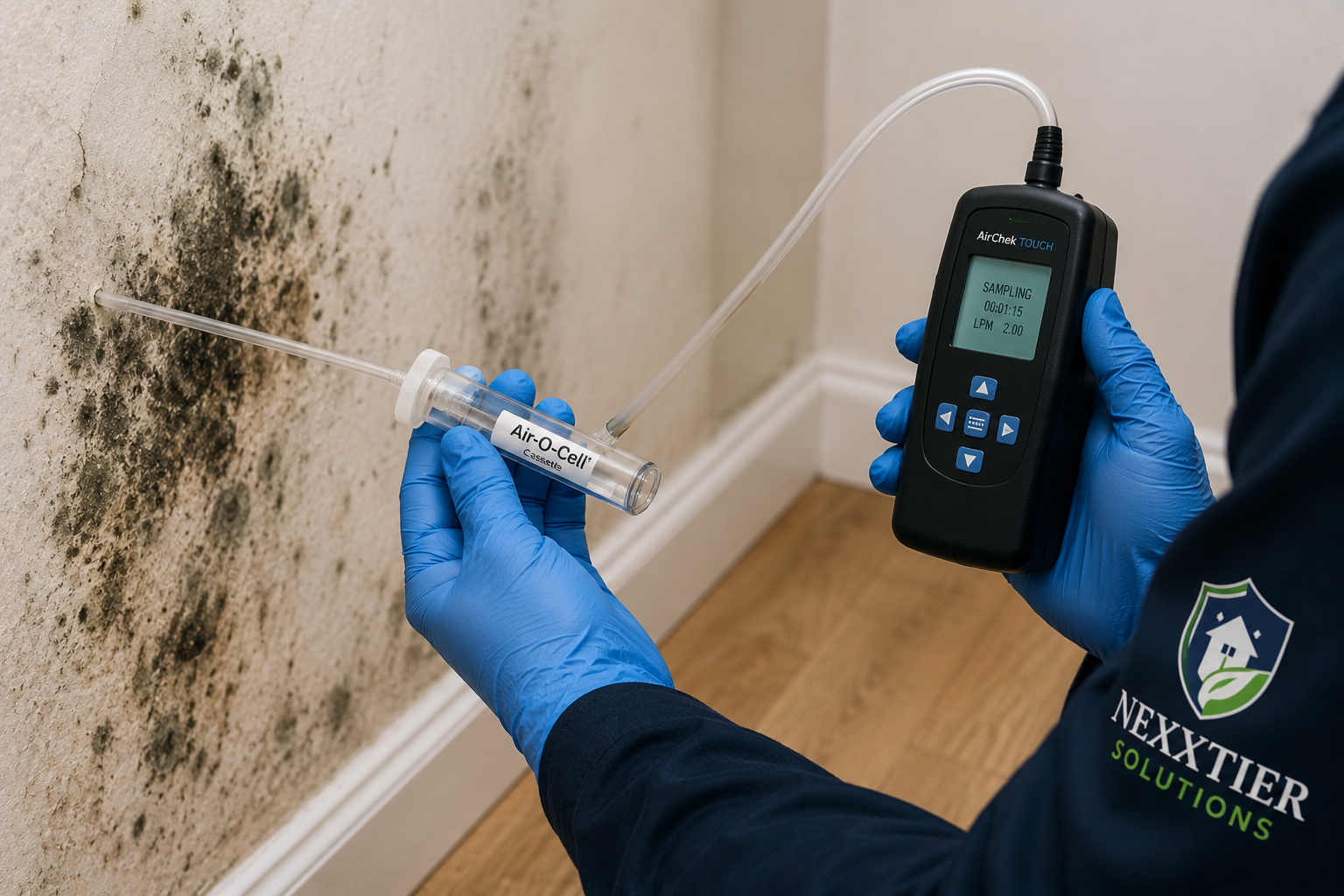 Nexxtier Solutions technician performing cassette air sampling to collect airborne mold spores during a professional indoor air quality assessment in Washington DC.