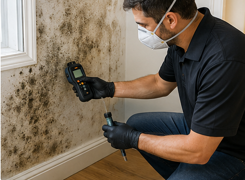 Licensed mold inspector using a moisture meter to asses visible mold growth during a professional mold inspection in Washington DC.