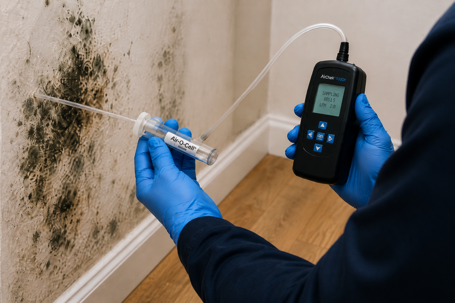 NEXX Environmental Solutions inspector performing cassette air sampling beside visible mold during a professional indoor air quality assessment in Washington, DC.