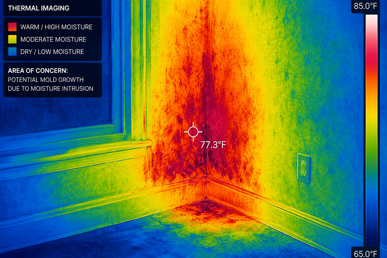 Thermal imaging scan showing hidden moisture intrusion in an interior wall during a professional NEXX Environmental Solutions mold assessment in Washington, DC.