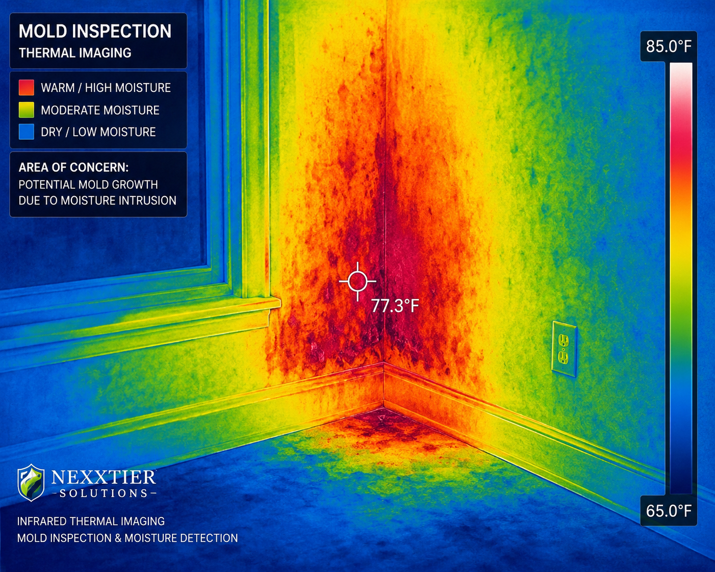 Thermal imaging scan hidden moisture intrusion behind an interior wall during a professional mold inspection by Nexxtier Solutions in Washington DC.