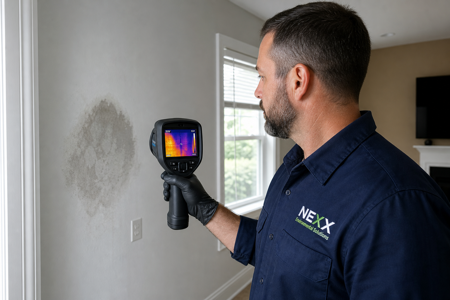 NEXX Environmental Solutions inspector using a thermal imaging camera to identify hidden moisture during a professional mold assessment in Washington, DC.