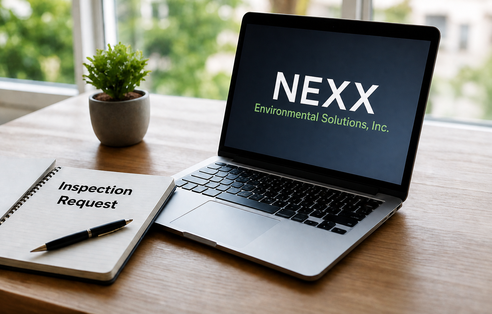 Laptop displaying NEXX Environmental Solutions, Inc. for a property management mold assessment request in Washington, DC, Maryland, and Northern Virginia.