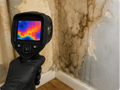 Licensed Nexxtier Solutions inspector using thermal imaging camera to identify hidden moisture and water intrusion during a professional mold inspection in Washington DC.