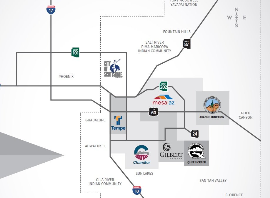 A map of the East Valley in Arizona showing cities, highways, and landmarks, including Scottsdale, Tempe, Chandler, Glendale, and Phoenix, with notable locations like Apache Junction, Gold Canyon, and Salt River Indian Community.