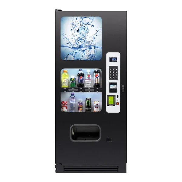 Vending machine offering bottled drinks such as Sprite, Pepsi, Coca-Cola, Monster Energy, water, and canned soda.