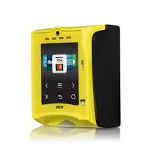 Yellow handheld portable device with screen displaying Visa logo and buttons for navigation