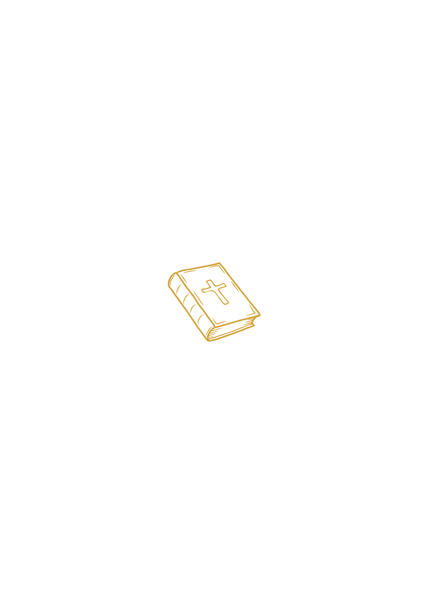 A drawing of a Bible with a cross on its cover, seen in gold outline.