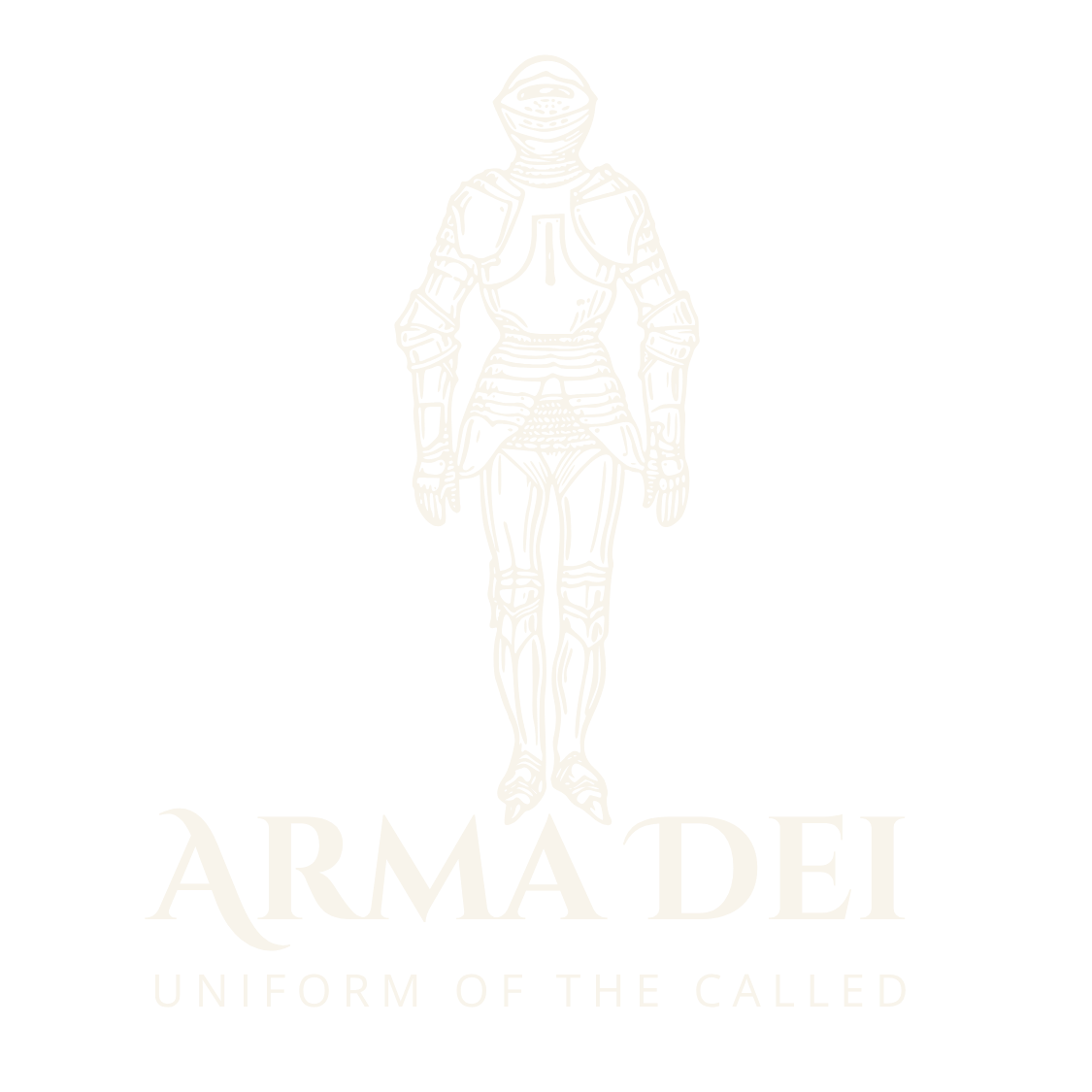 A white line drawing of a medieval knight in armor on a black background with the text "ARMA DEI" and "UNIFORM OF THE CALLED" below.