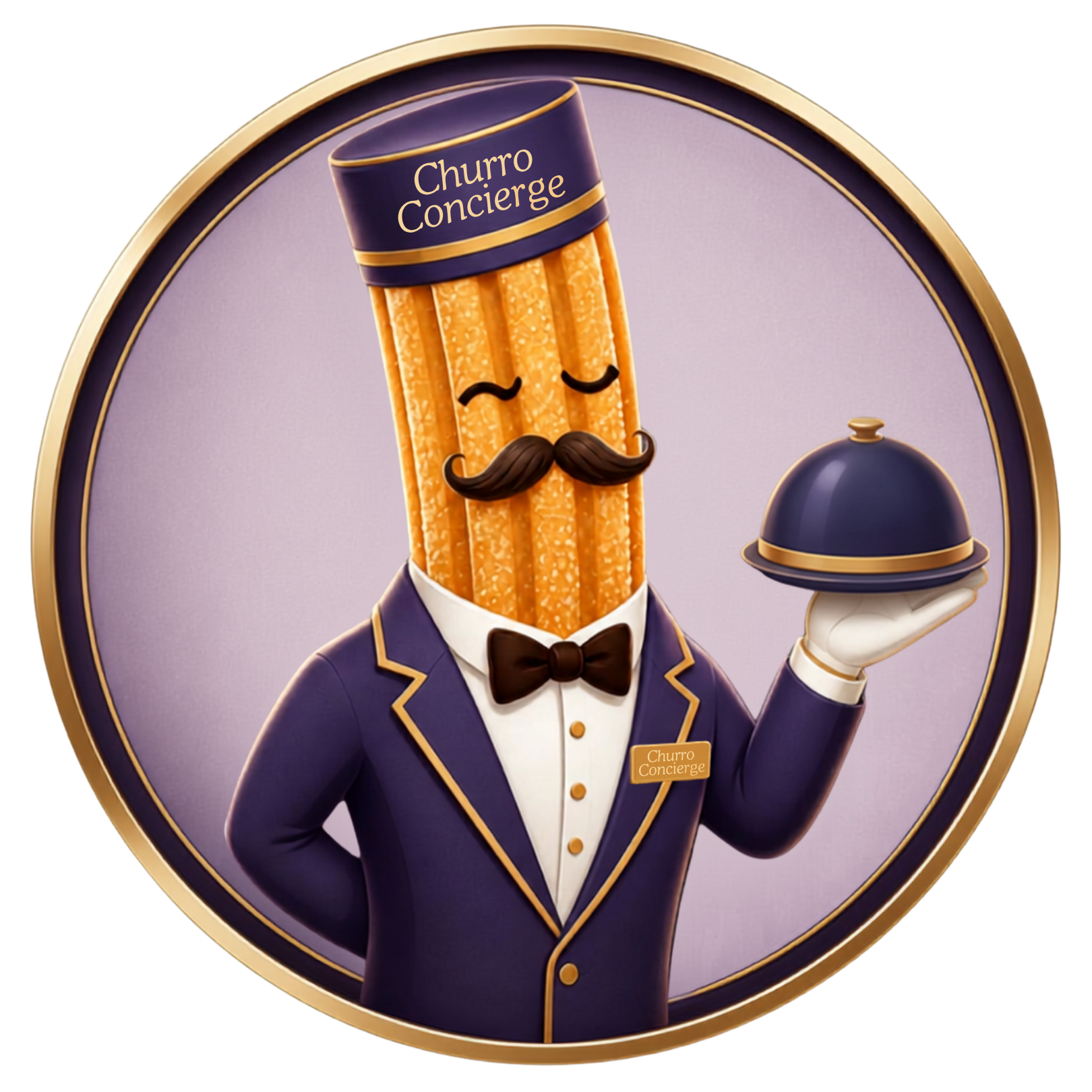 Adorable cartoon image of the churro concierge, a little bellman churro holding a covered platter looking like he's ready to serve and grant your every wish