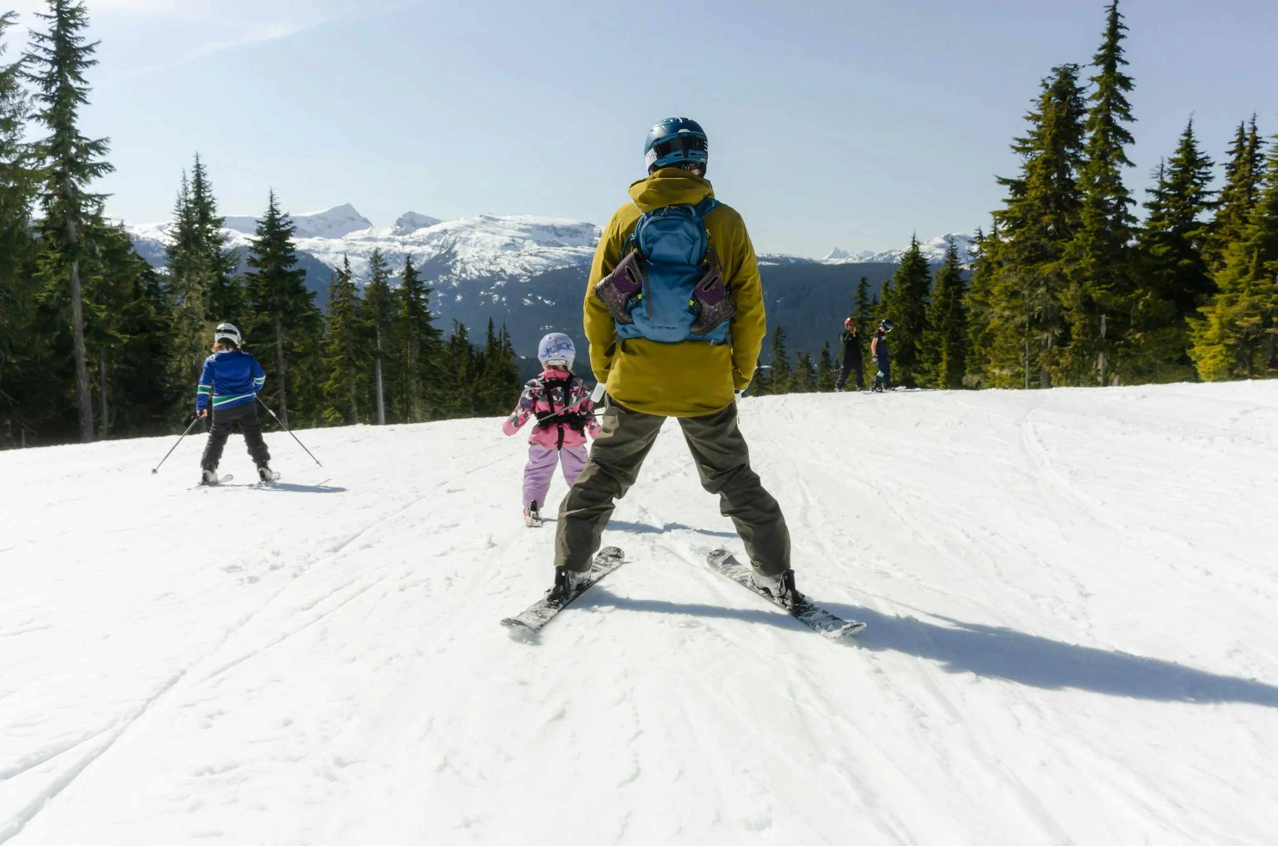 A group of people skiing on a snowy mountain trail surrounded by evergreen trees with snow-capped mountains in the background.