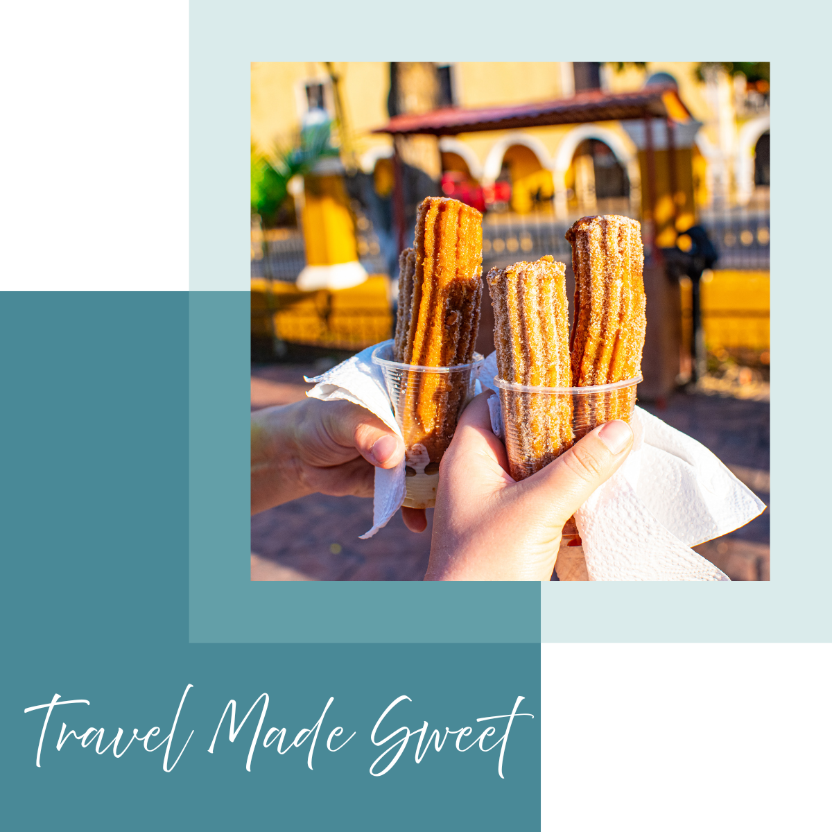 Two hands holding cups with churros, outdoors with colorful buildings in the background.