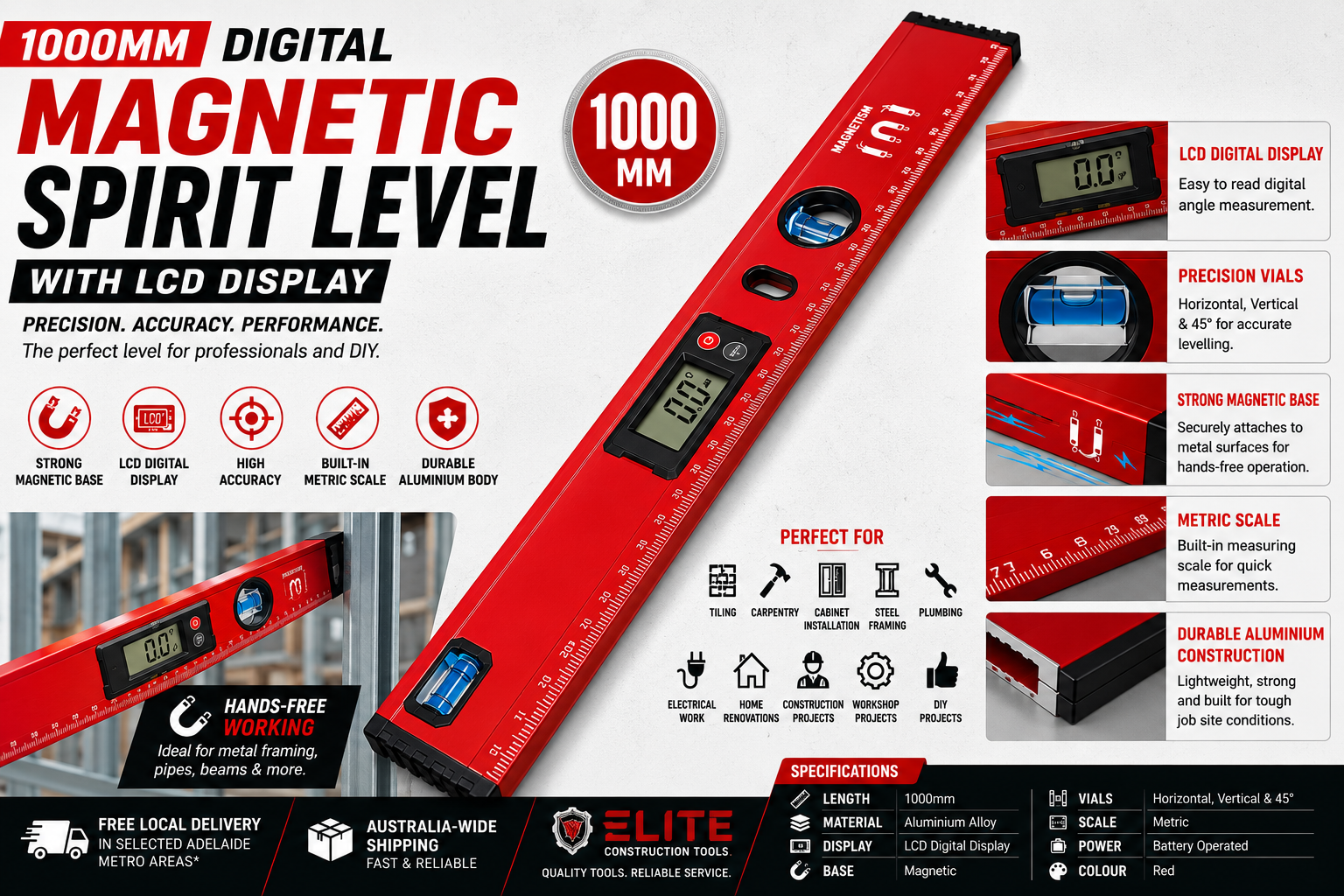 Digital Magnetic Spirit Level with LCD Display – 1000mm