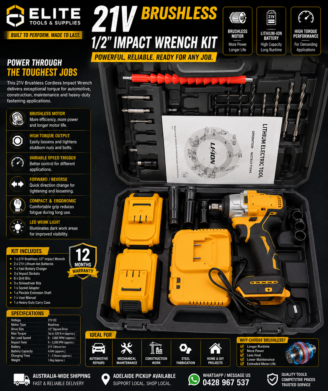 21V Brushless Cordless 1/2" Impact Wrench Kit with 2 Batteries
