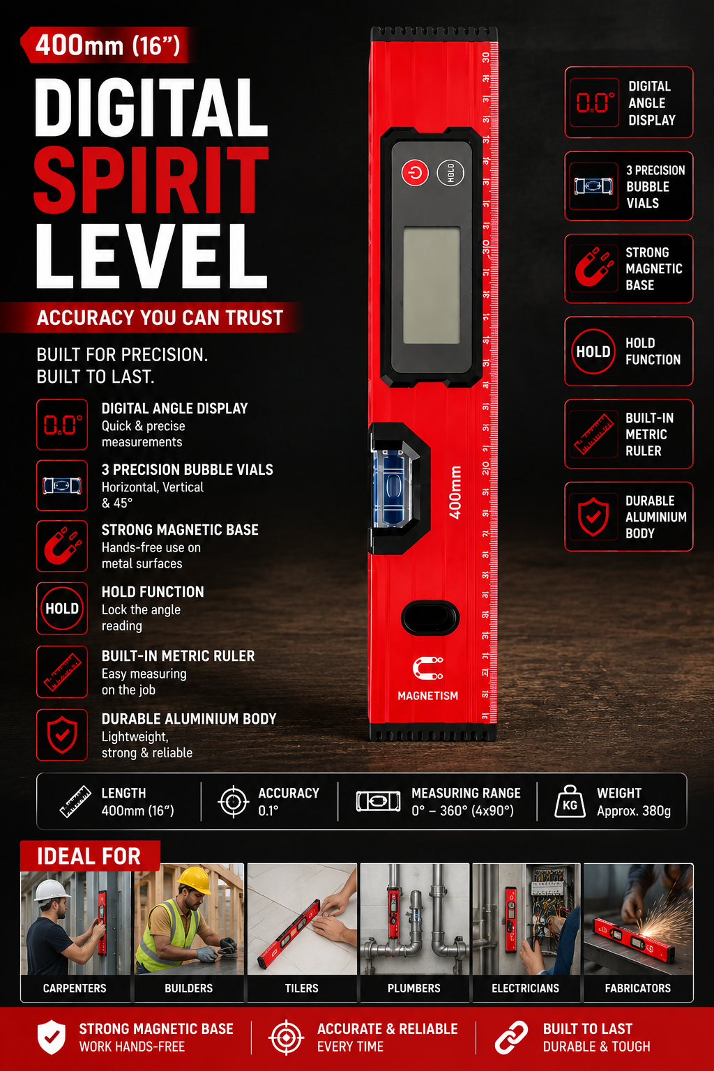 400mm Digital Spirit Level with LCD Digital Angle Display & Magnetic Base