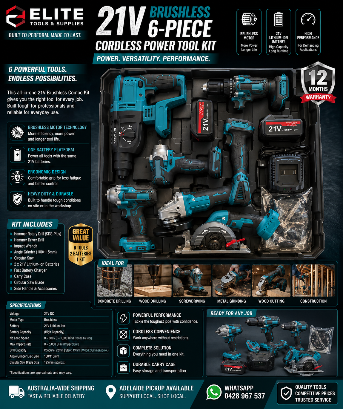 21V Brushless 6-Piece Cordless Power Tool Combo Kit
