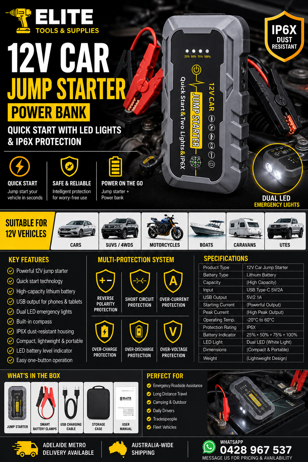 12V Car Jump Starter Power Bank – Quick Start with LED Lights & IP6X Protection