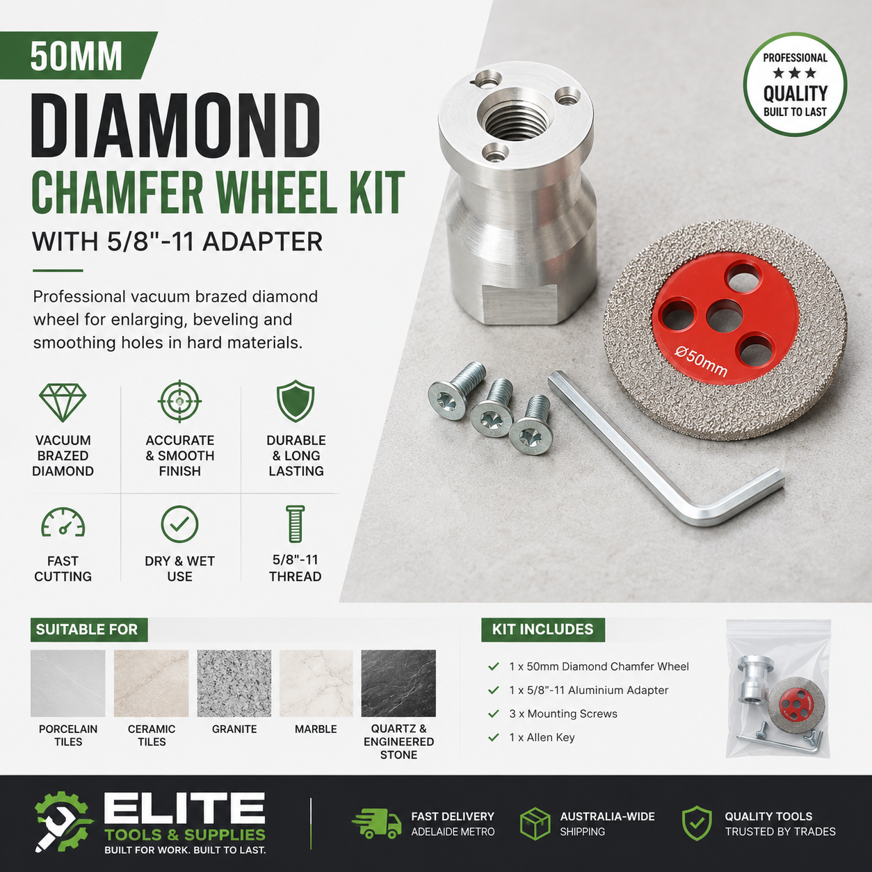 50mm Vacuum Brazed Diamond Chamfer Wheel Kit with 5/8"-11 Adapter