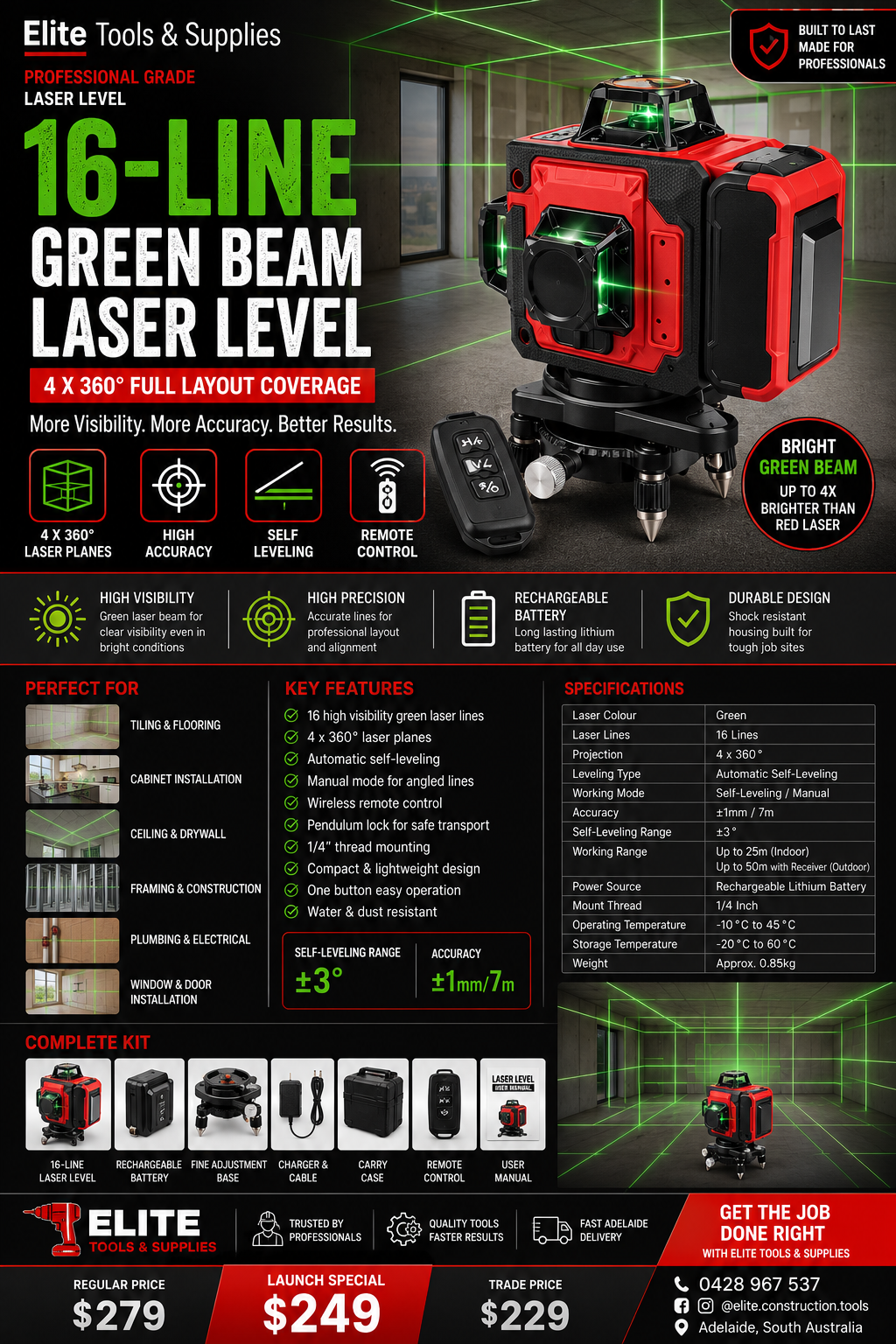 16-Line 360° Self-Leveling Green Laser Level Kit with Remote Control