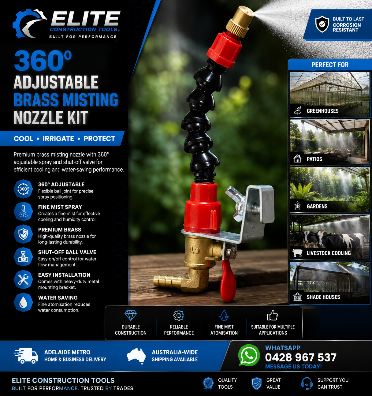 360° Adjustable Brass Misting Nozzle Kit with Shut-Off Valve