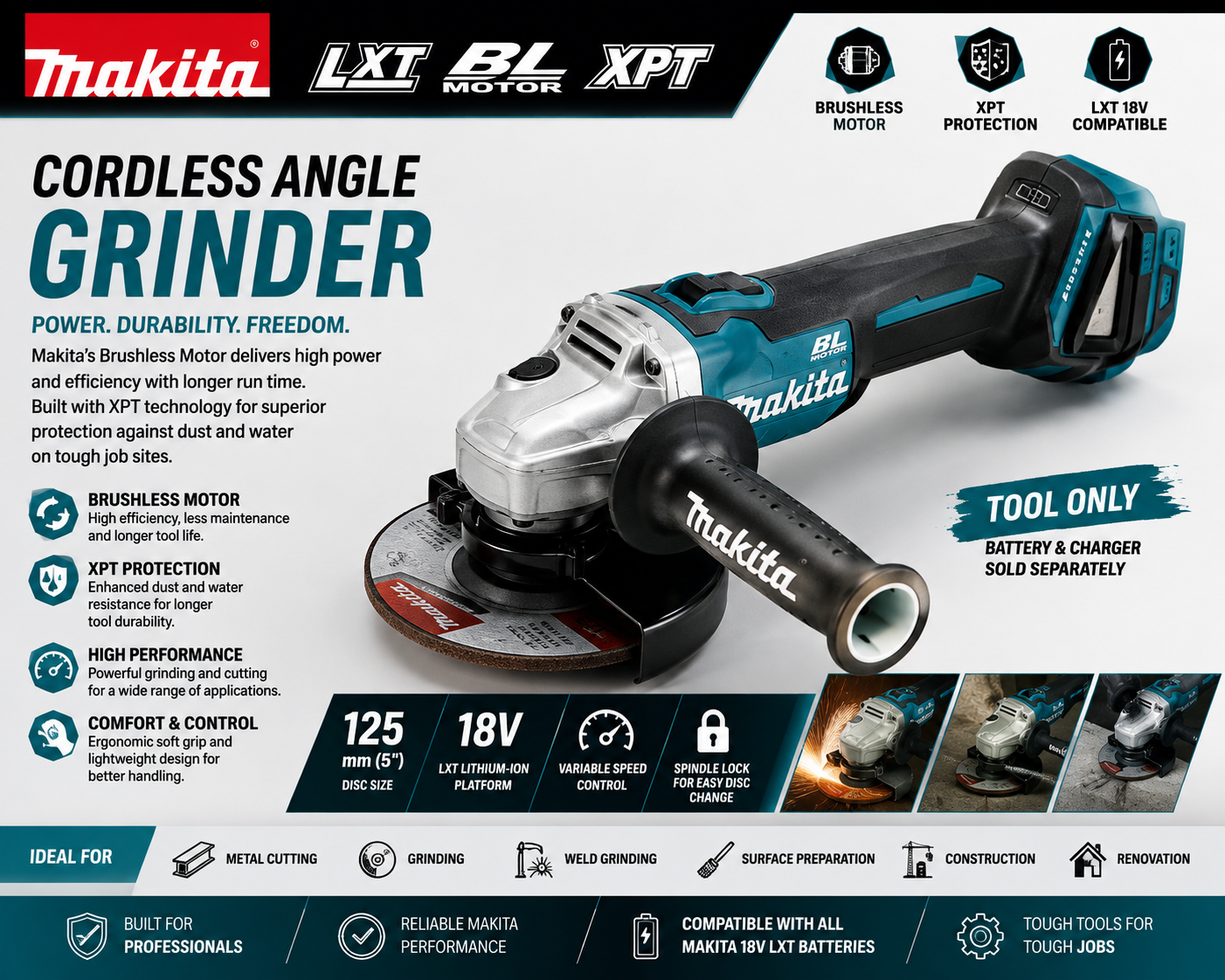 Makita LXT BL Motor XPT Cordless Angle Grinder (Tool Only)