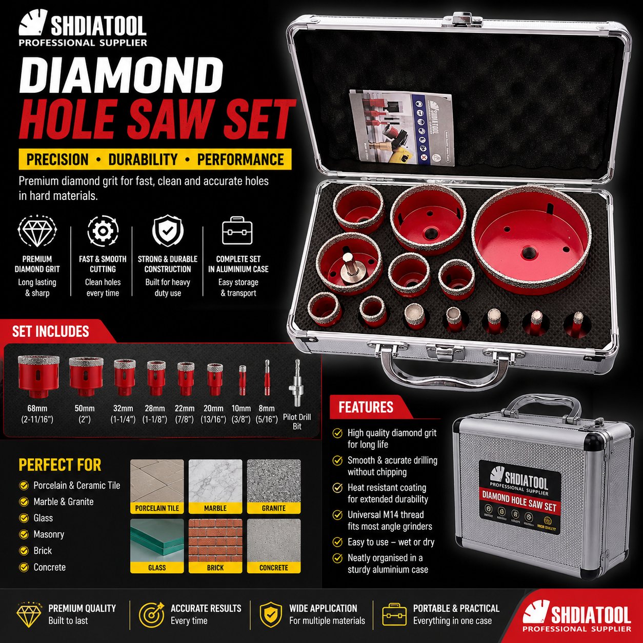 SHDIATOOL Diamond Hole Saw Set – Professional Tile & Stone Core Drill Kit