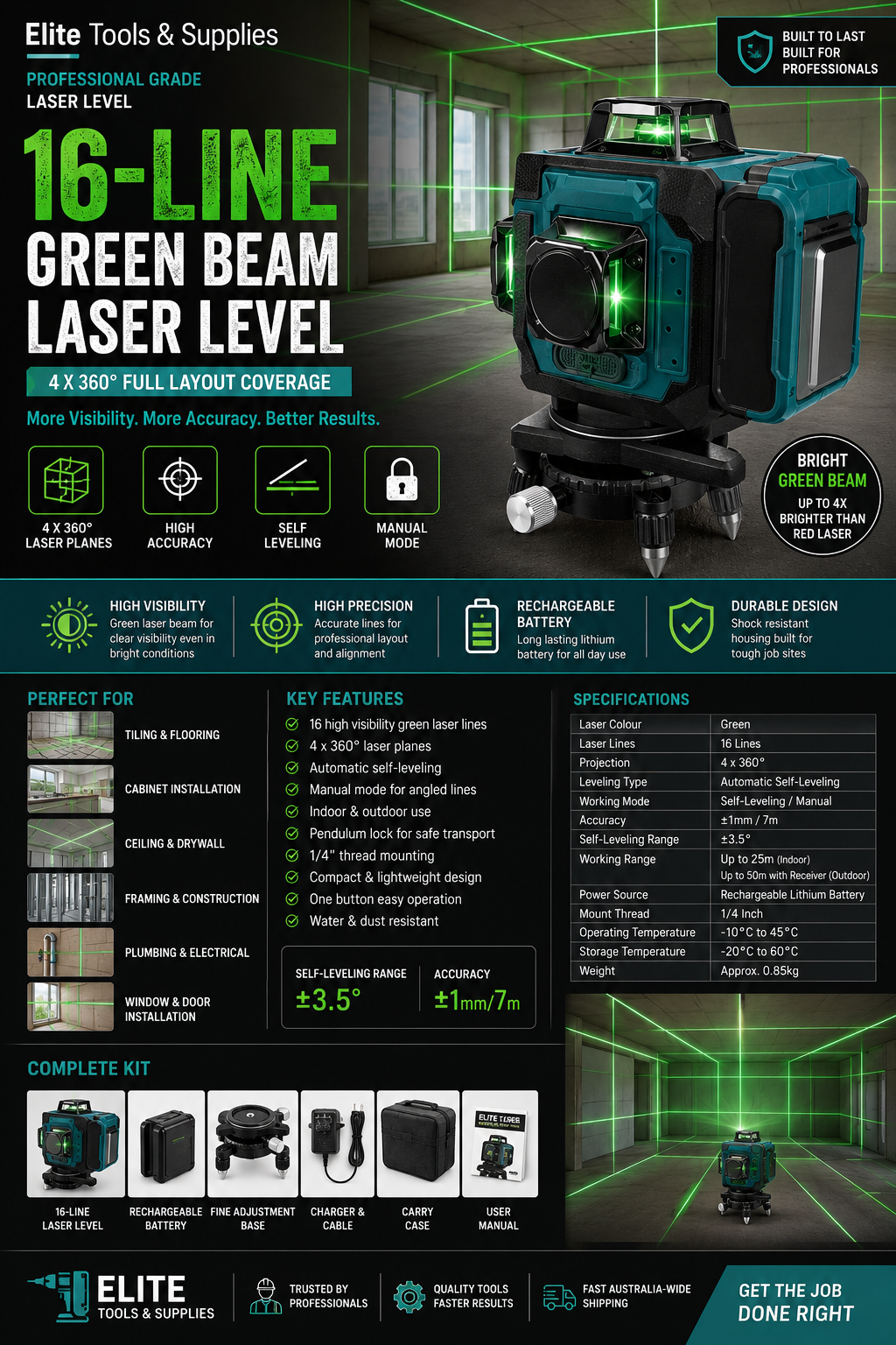 360° 16-Line Green Beam Self-Leveling Laser Level Kit with Rechargeable Battery