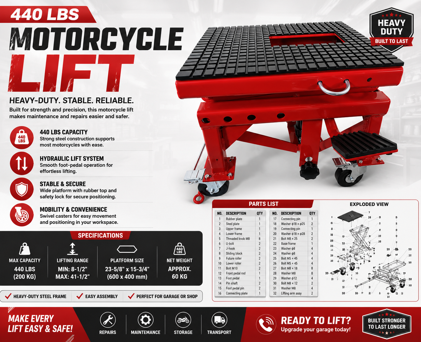 440 lbs Hydraulic Motorcycle Lift Table